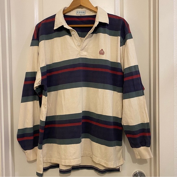 VTG Izod crest Rugby Polo Shirt Cream multi Stripes estimated XL cotton Preppy - Picture 1 of 10